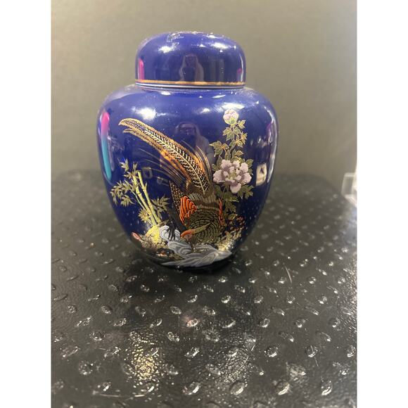 Unknown Other - Cobalt Blue Ginger Jar with Gold pheasant and floral